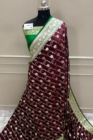 Wine and Green Ropeway Jaal Katan Mashru Silk Banarasi Saree