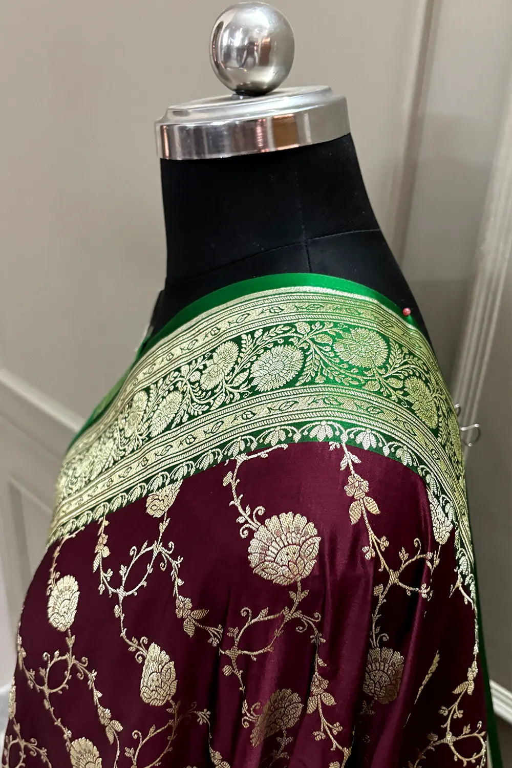 Wine and Green Ropeway Jaal Katan Mashru Silk Banarasi Saree