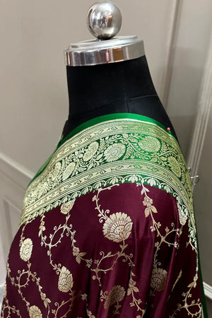 Wine and Green Ropeway Jaal Katan Mashru Silk Banarasi Saree
