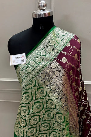 Wine and Green Ropeway Jaal Katan Mashru Silk Banarasi Saree