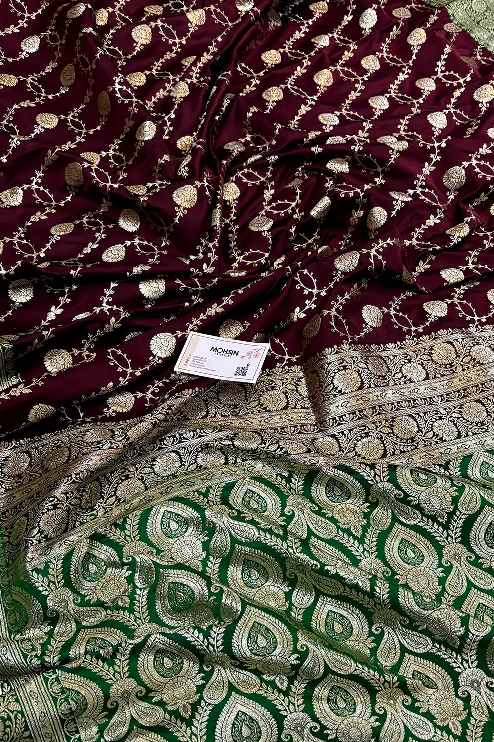 Wine and Green Ropeway Jaal Katan Mashru Silk Banarasi Saree