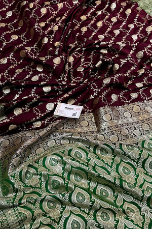 Wine and Green Ropeway Jaal Katan Mashru Silk Banarasi Saree