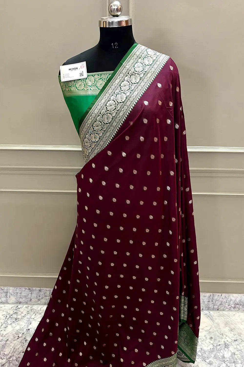 Wine and Green Rudraksha Buti Katan Silk Banarasi Saree