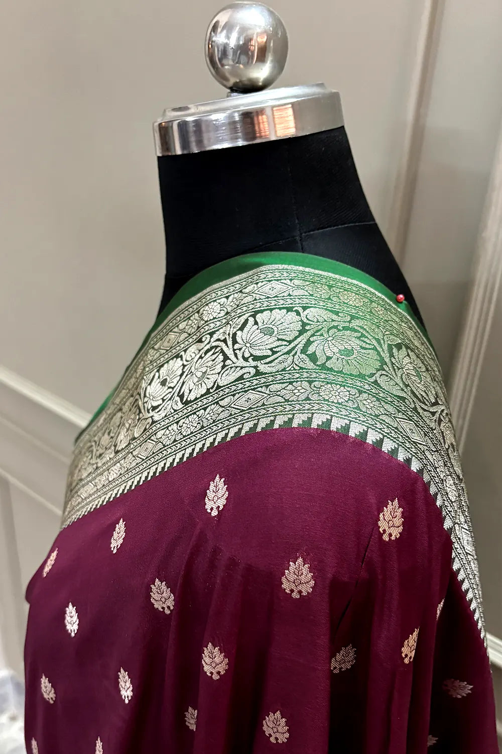 Wine and Green Rudraksha Buti Katan Silk Banarasi Saree