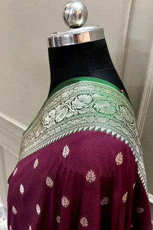 Wine and Green Rudraksha Buti Katan Silk Banarasi Saree