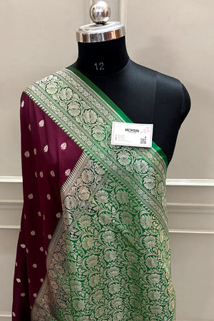 Wine and Green Rudraksha Buti Katan Silk Banarasi Saree