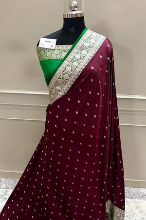Wine and Green Zari Katan Mashru Silk Banarasi Saree