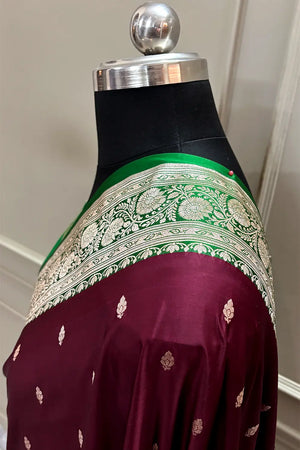 Wine and Green Zari Katan Mashru Silk Banarasi Saree