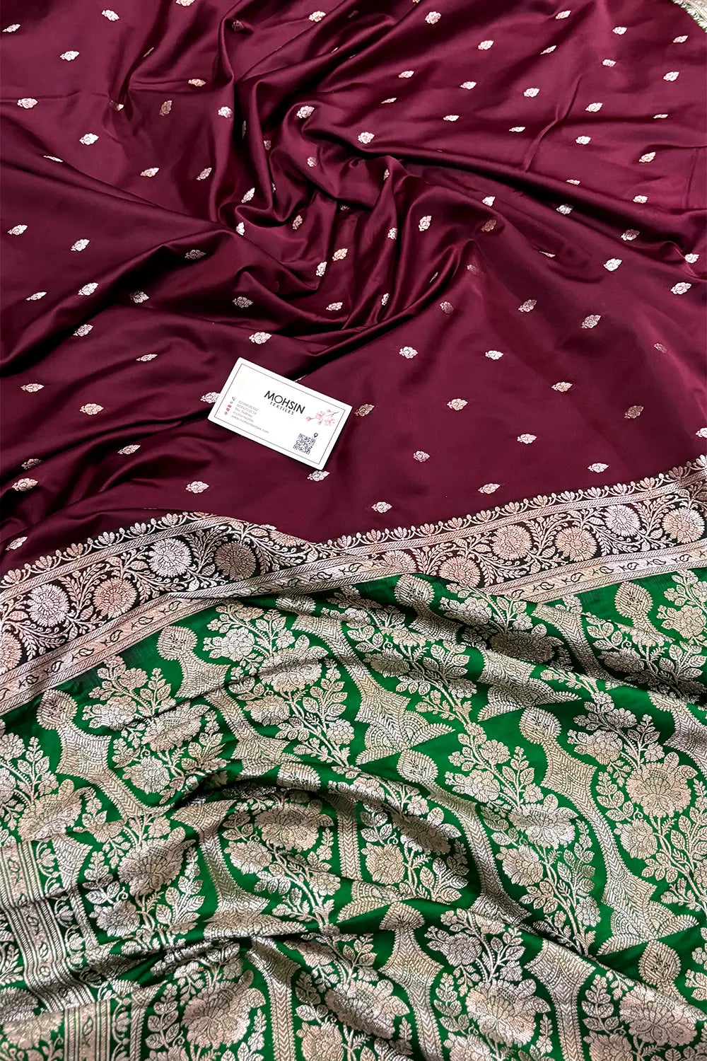 Wine and Green Zari Katan Mashru Silk Banarasi Saree