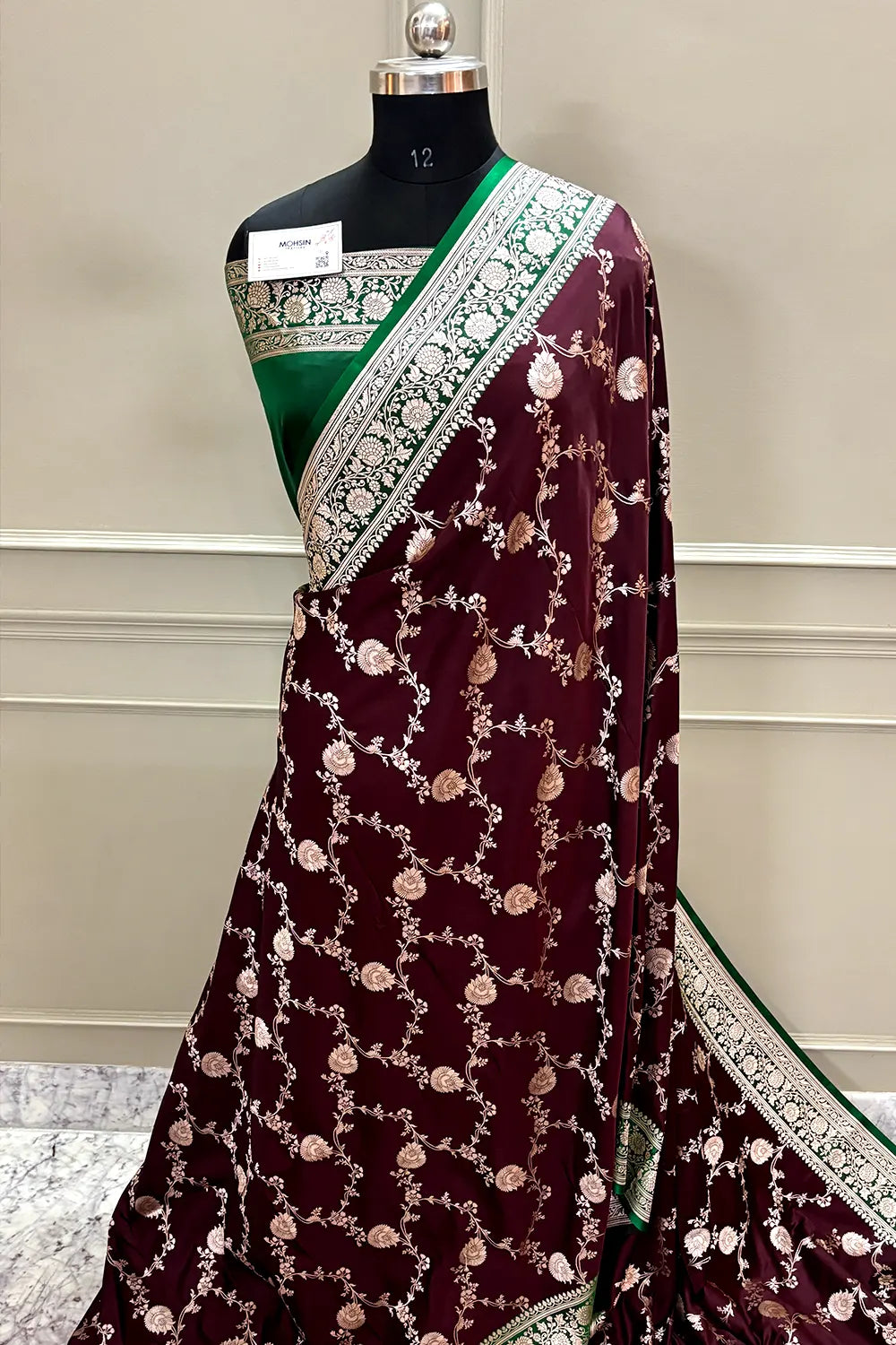 Wine and Green Zari Katan Silk Banarasi Saree