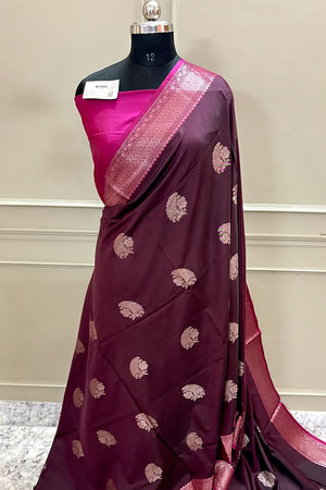 Wine and Pink Golden Zari Banarasi Silk Saree