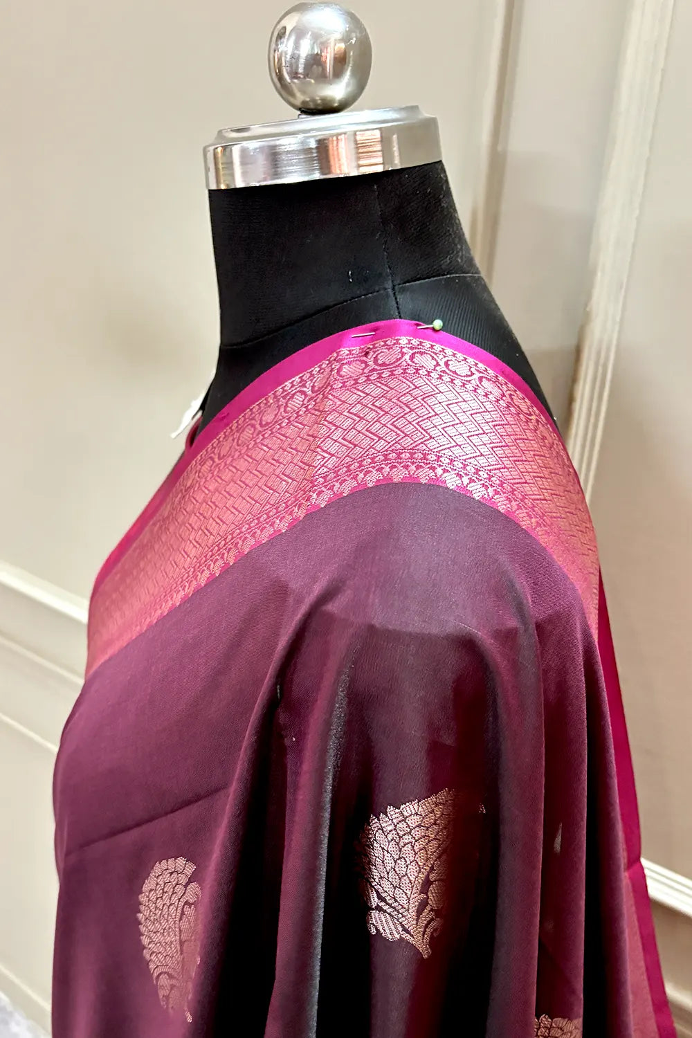 Wine and Pink Golden Zari Banarasi Silk Saree