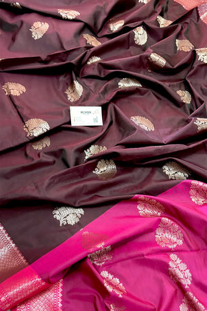 Wine and Pink Golden Zari Banarasi Silk Saree