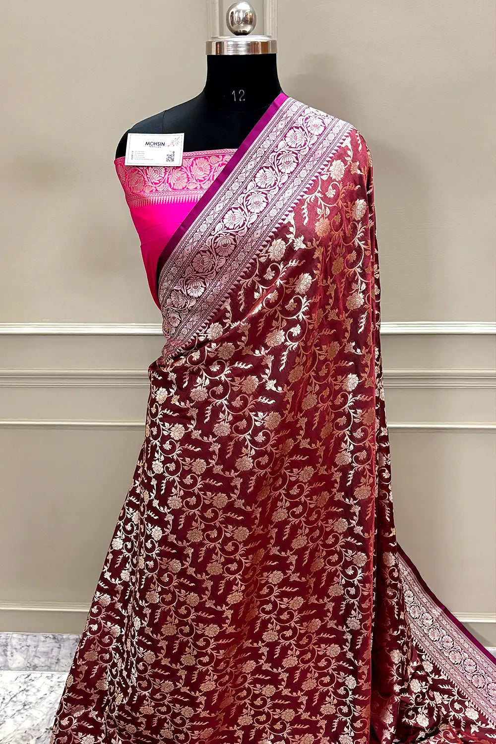 Wine and Pink Gulabi Jaal Katan Silk Banarasi Saree