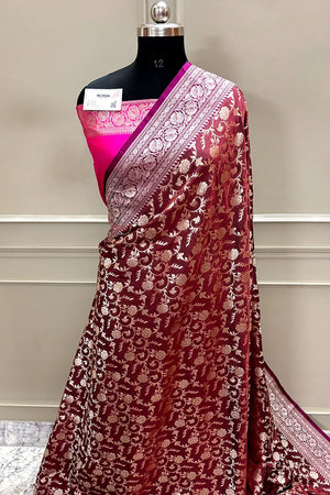 Wine and Pink Gulabi Jaal Katan Silk Banarasi Saree