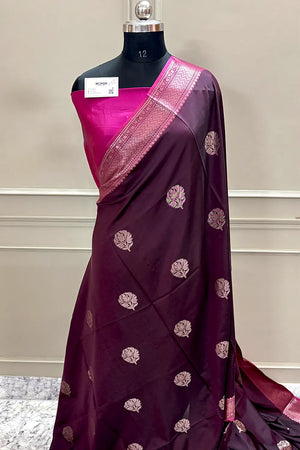 Wine and Pink Zari Banarasi Silk Saree