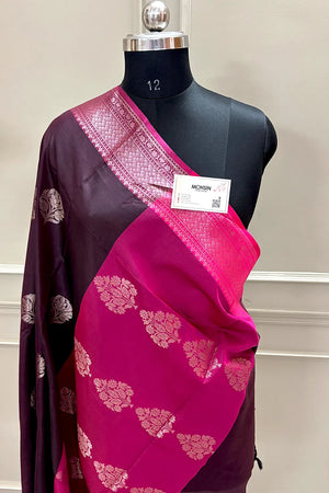 Wine and Pink Zari Banarasi Silk Saree