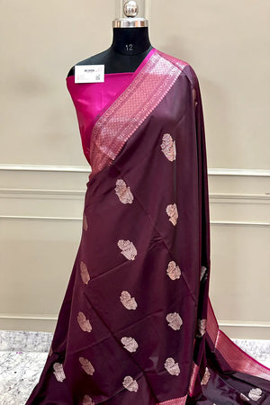 Wine and Pink Zari Banarasi Silk Saree