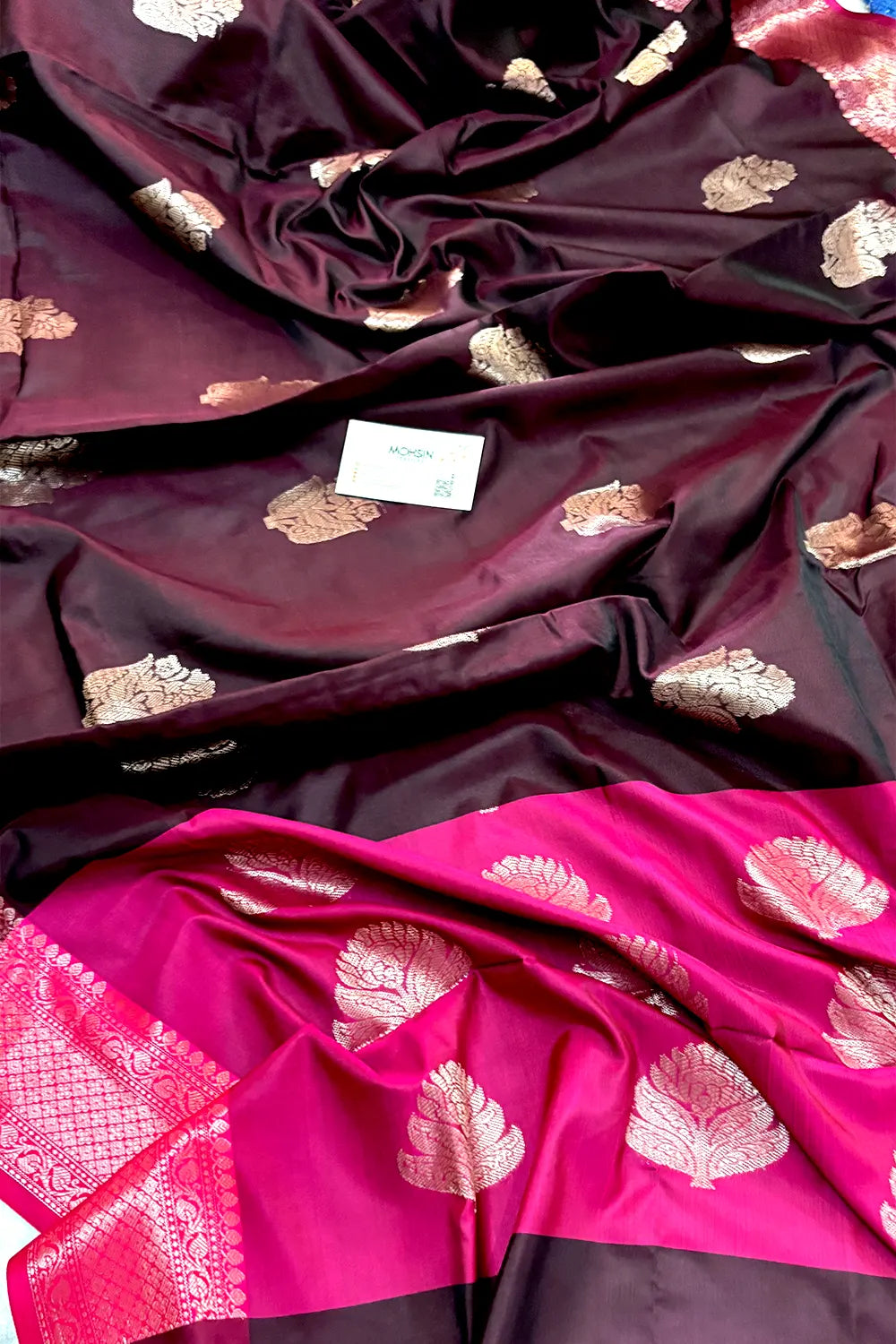 Wine and Pink Zari Banarasi Silk Saree