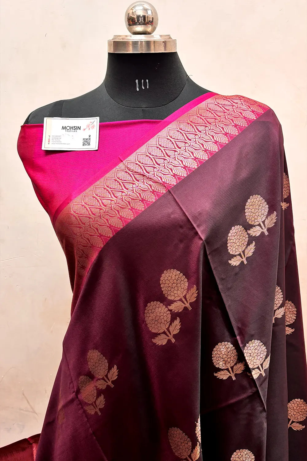 Wine and Pink Zari Semi Katan Silk Banarasi Saree