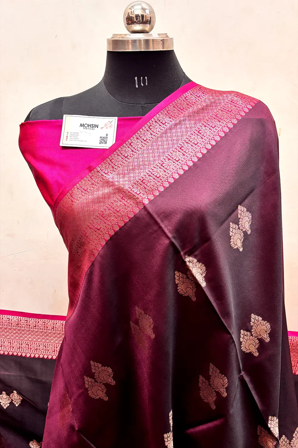 Wine and Pink Zari Semi Katan Silk Banarasi Saree