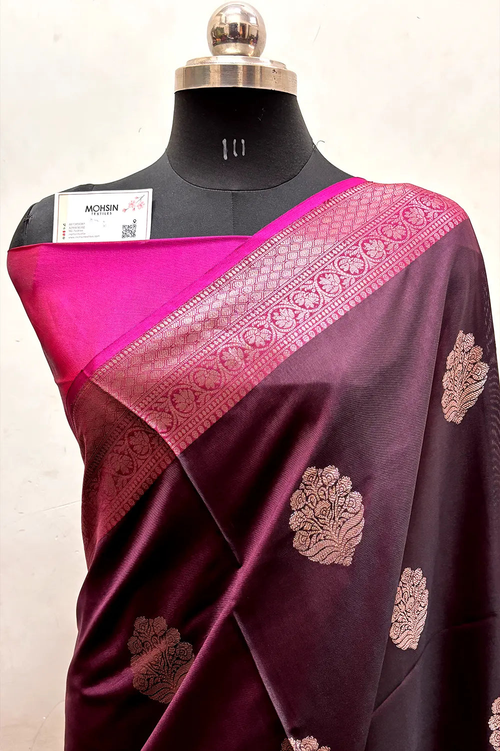 Wine and Pink Zari Semi Katan Silk Banarasi Saree