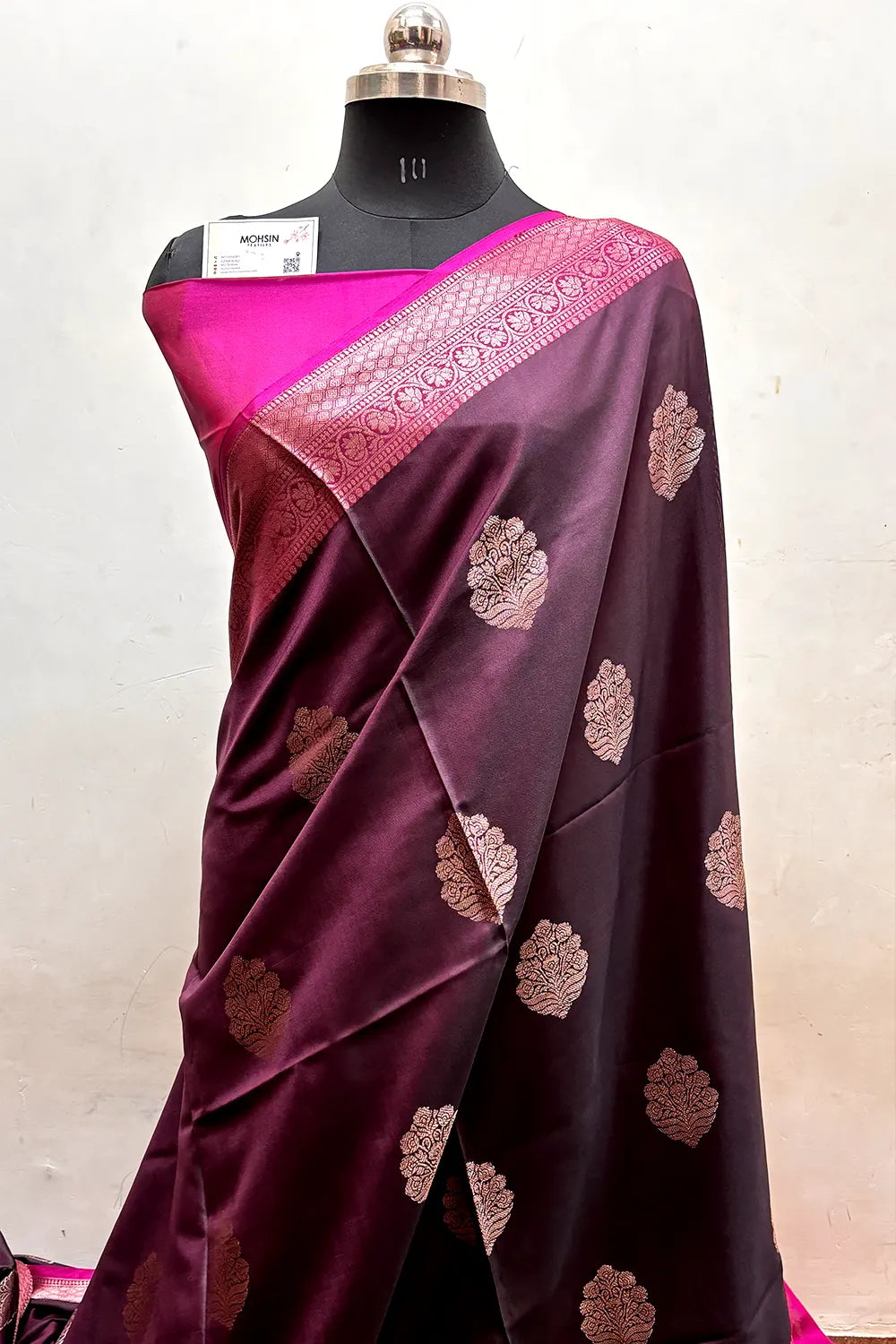 Wine and Pink Zari Semi Katan Silk Banarasi Saree