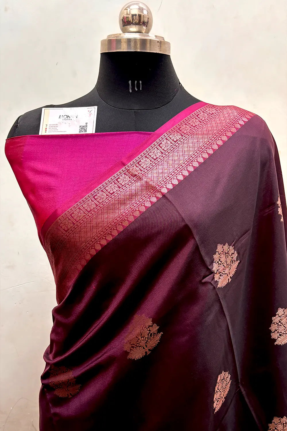 Wine and Pink Zari Semi Katan Silk Banarasi Saree