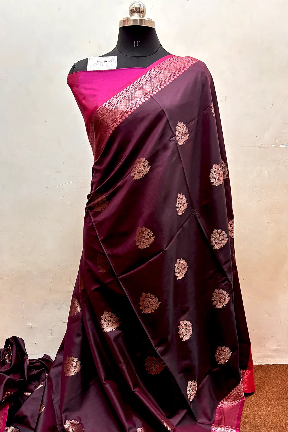 Wine and Pink Zari Semi Katan Silk Banarasi Saree