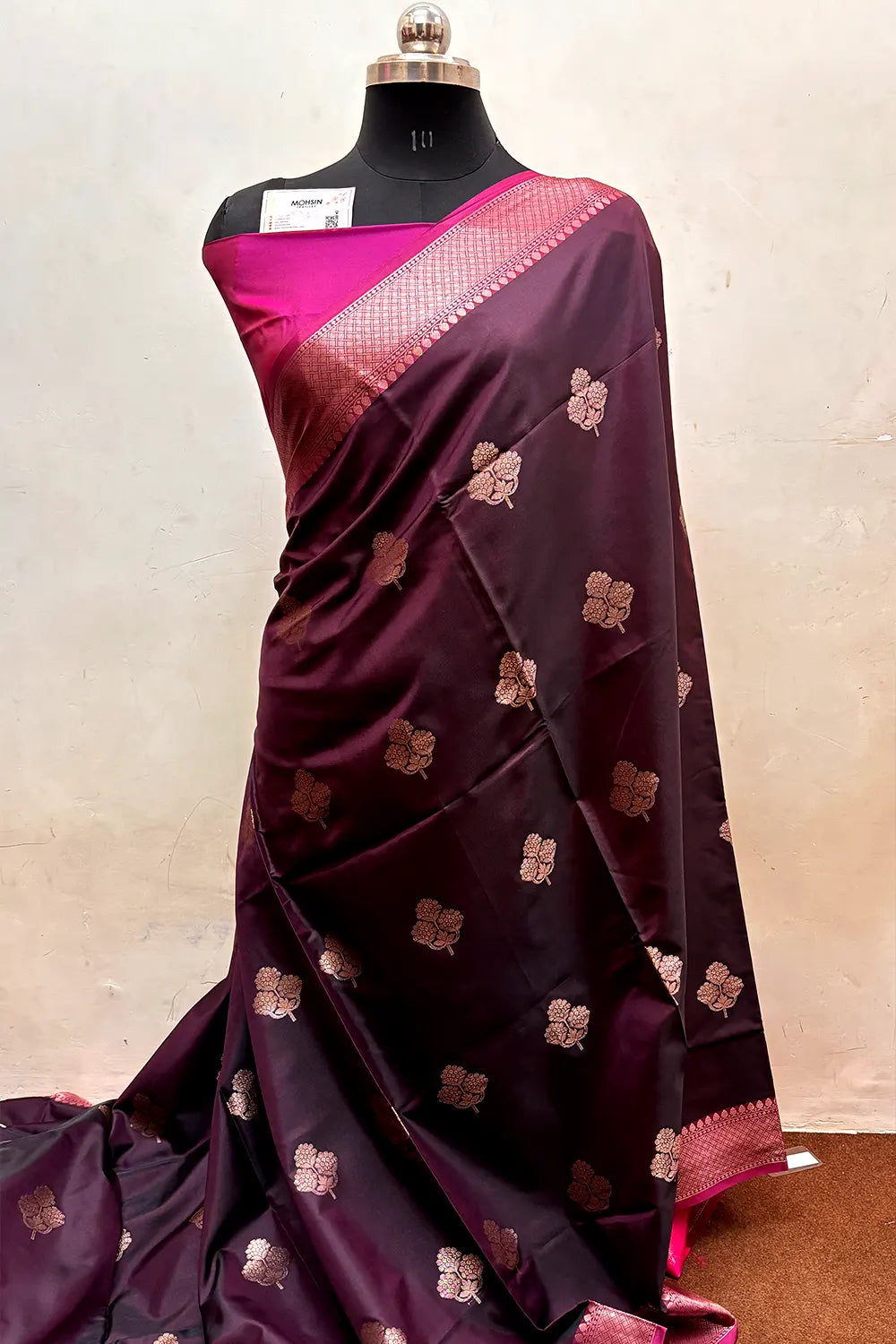 Wine and Pink Zari Semi Katan Silk Banarasi Saree