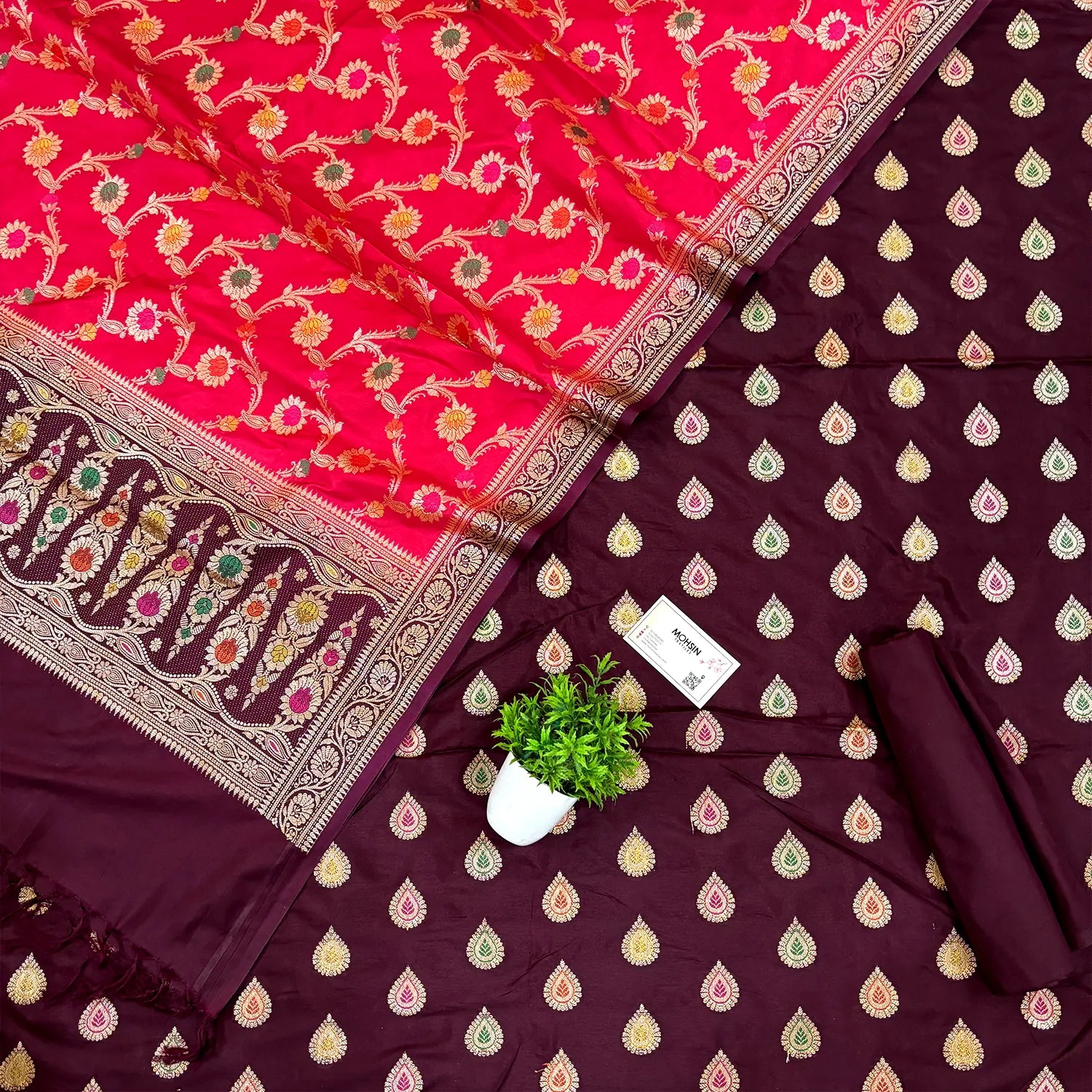 Wine and Red Zari Katan Silk Banarasi Suit