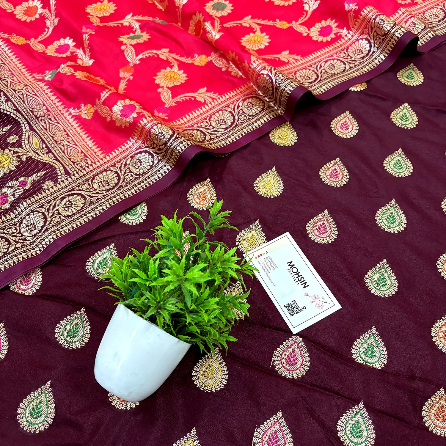 Wine and Red Zari Katan Silk Banarasi Suit