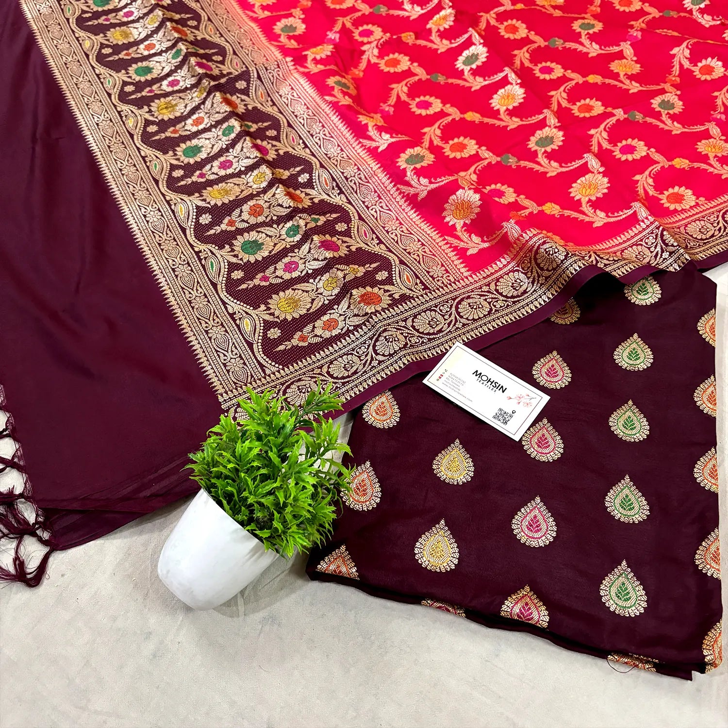Wine and Red Zari Katan Silk Banarasi Suit