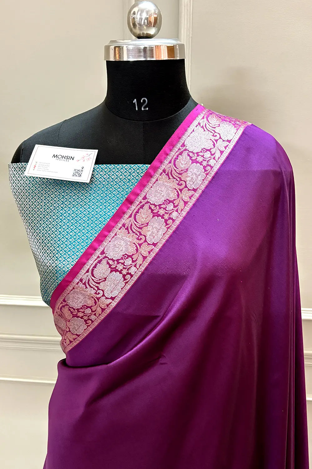 Wine and Teal Plain Banarasi Silk Saree
