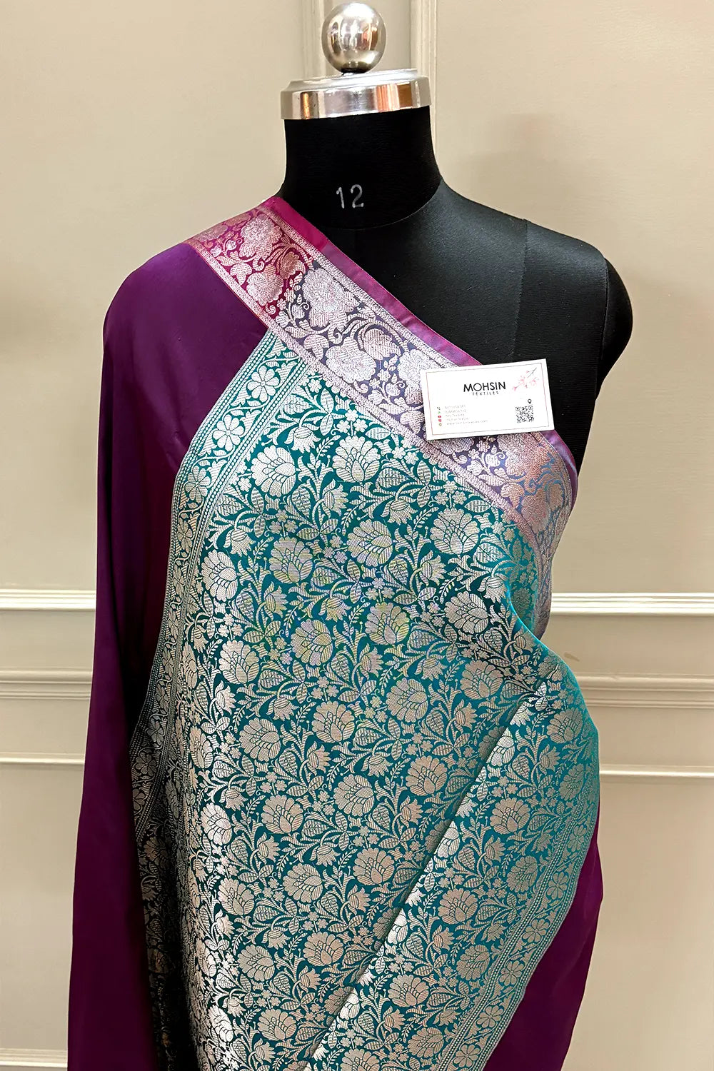 Wine and Teal Plain Banarasi Silk Saree