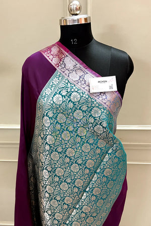 Wine and Teal Plain Banarasi Silk Saree