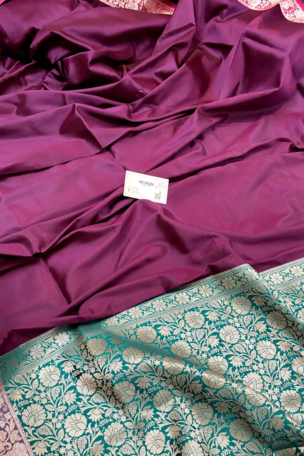 Wine and Teal Plain Banarasi Silk Saree