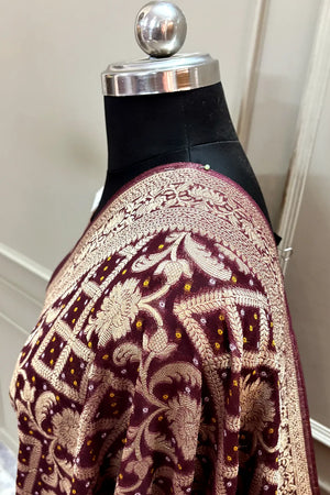 Wine Bandhej Georgette Silk Banarasi Saree