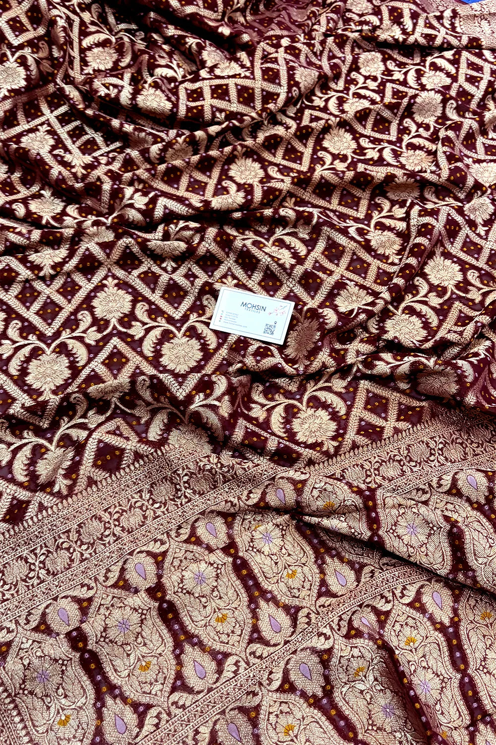 Wine Bandhej Georgette Silk Banarasi Saree