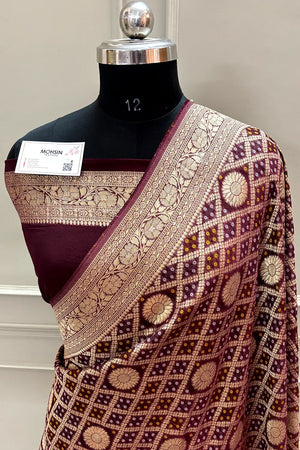 Wine Bandhej Georgette Silk Banarasi Saree