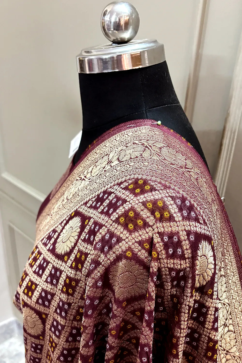 Wine Bandhej Georgette Silk Banarasi Saree