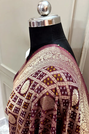 Wine Bandhej Georgette Silk Banarasi Saree