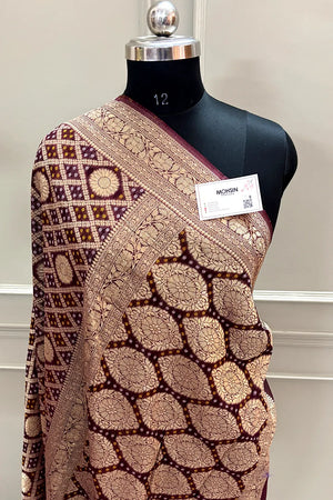 Wine Bandhej Georgette Silk Banarasi Saree