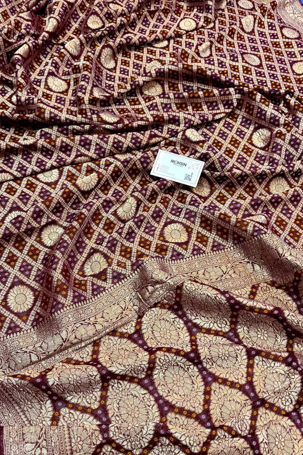 Wine Bandhej Georgette Silk Banarasi Saree
