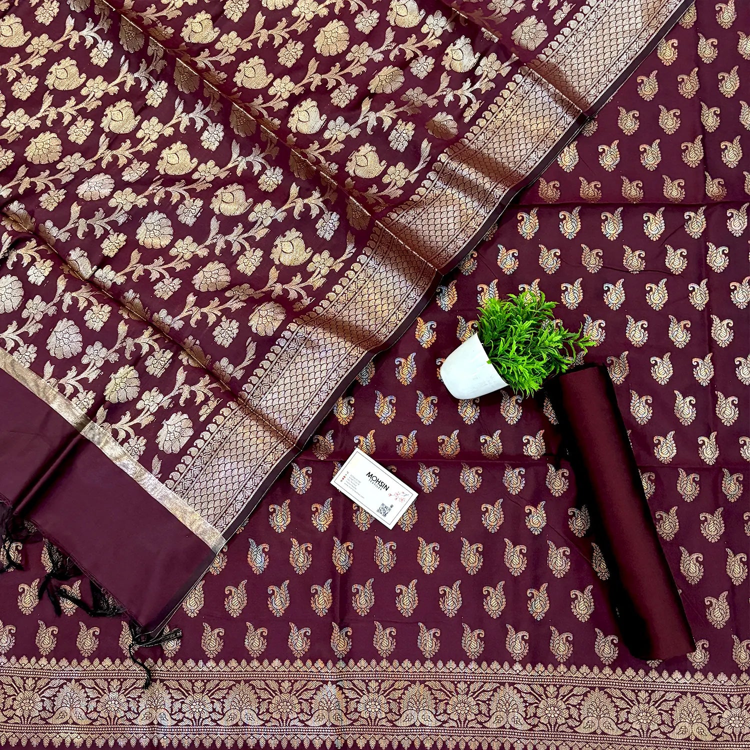 Wine Chirag Buti Satin Silk Banarasi Suit