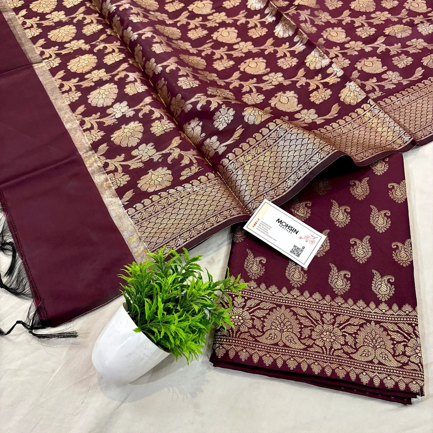 Wine Chirag Buti Satin Silk Banarasi Suit