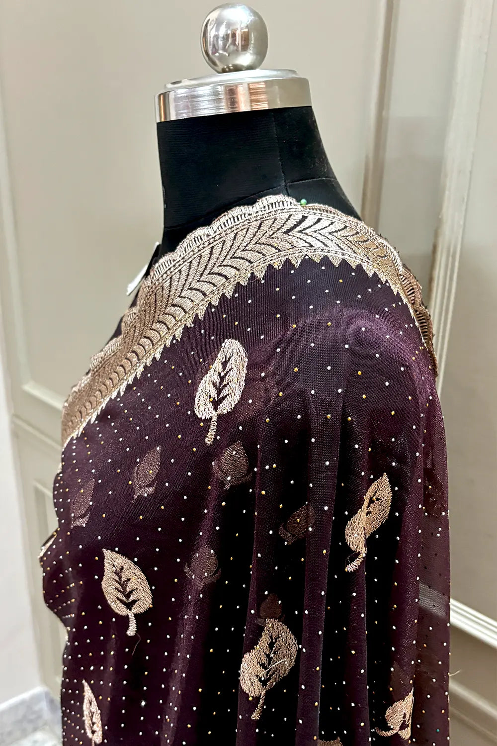 Wine Embordiery Siroski Work Silk Saree