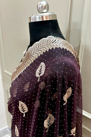 Wine Embordiery Siroski Work Silk Saree