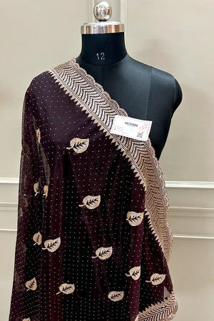 Wine Embordiery Siroski Work Silk Saree