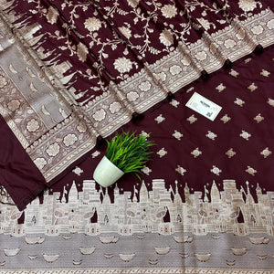 Wine Ganga Ghat Katan Silk Banarasi Suit
